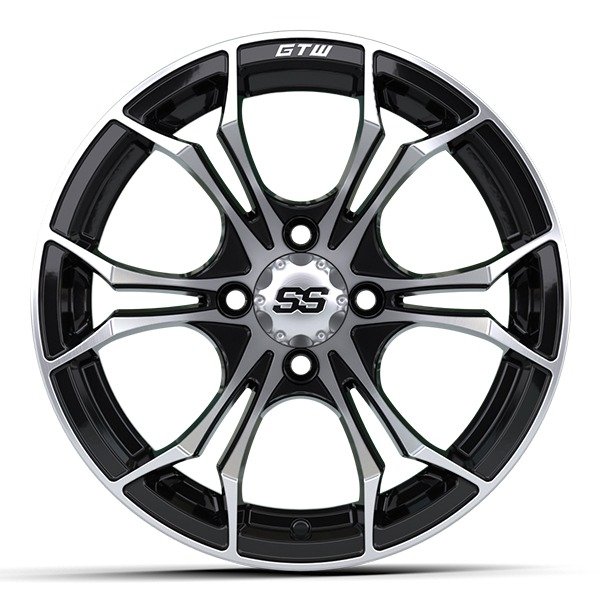14″ Spyder Black/Machined Golf Cart Wheels and 22×10-14 GTW Timberwolf Tires – Set of 4