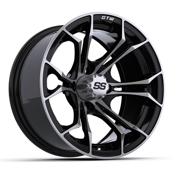 14″ Spyder Black/Machined Golf Cart Wheels and 22×10-14 GTW Timberwolf Tires – Set of 4