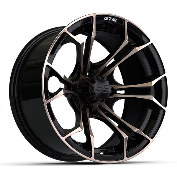 14″ Spyder Bronze/Matte Black Golf Cart Wheels and 22×10-14 GTW Timberwolf Tires – Set of 4