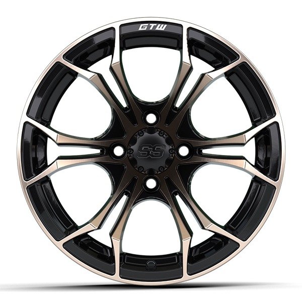 14″ Spyder Bronze/Matte Black Golf Cart Wheels and 22×10-14 GTW Timberwolf Tires – Set of 4