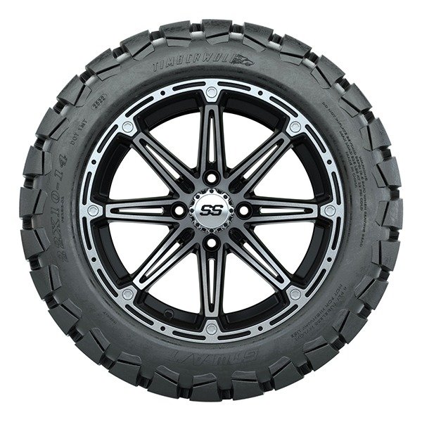 14″ Element Black/Machined Golf Cart Wheels and 22×10-14 GTW Timberwolf Tires – Set of 4
