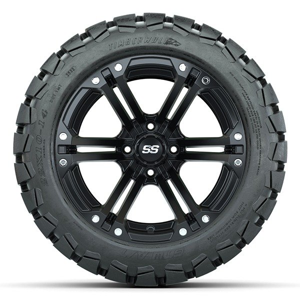 14″ Specter Matte Black Golf Cart Wheels and 22×10-14 GTW Timberwolf Tires – Set of 4