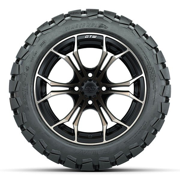 14″ Spyder Bronze/Matte Black Golf Cart Wheels and 22×10-14 GTW Timberwolf Tires – Set of 4